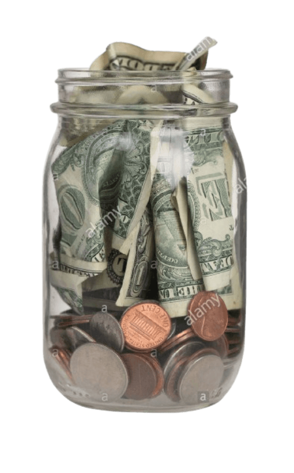 A glass jar filled with saved cash and coins
